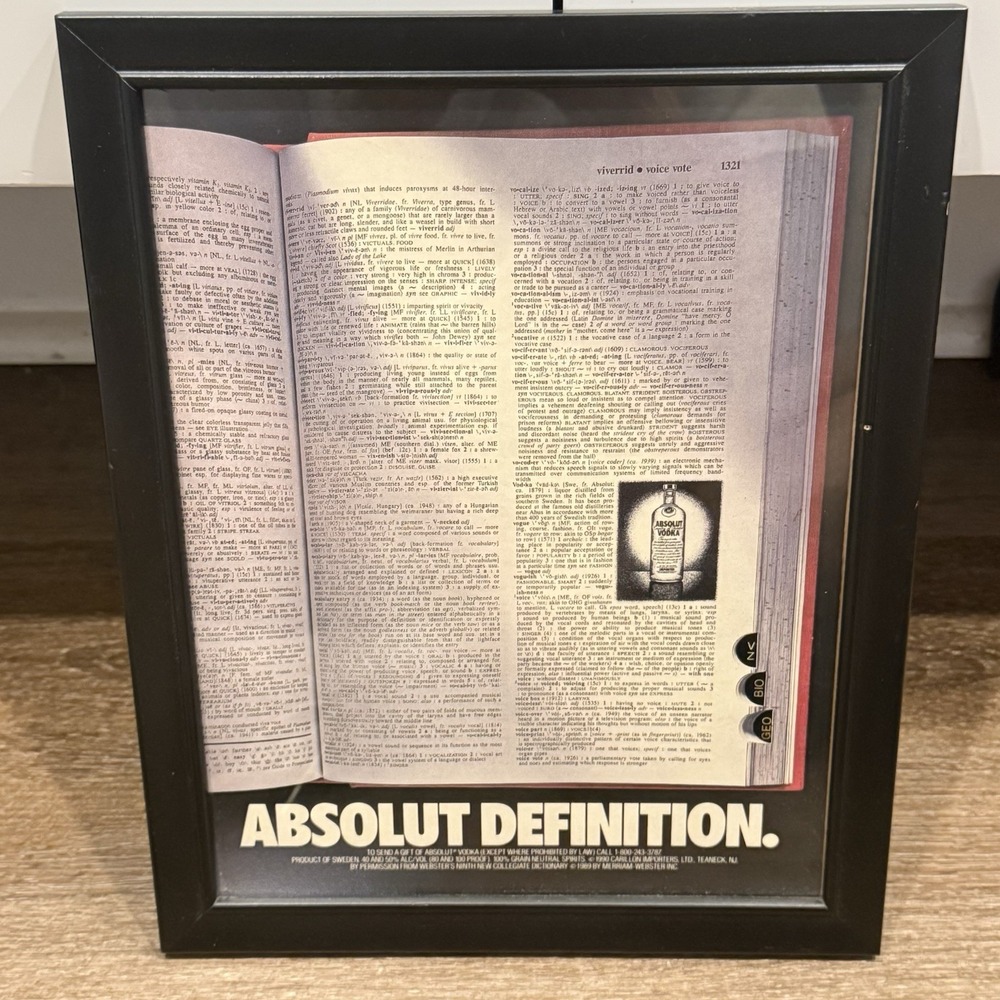 Vintage Absolut Vodka Advertising Framed Print 12x10" Bar Art 80s 90s Promo